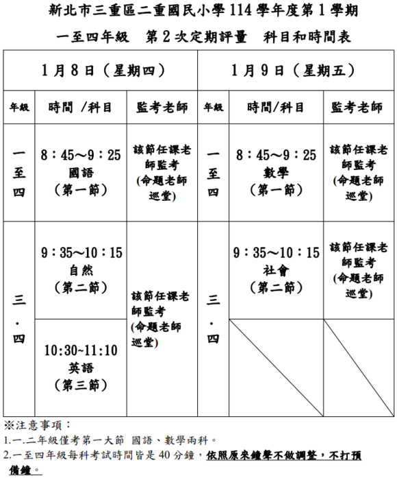 114-1-2 定期評量時間表(一至四年級)圖片