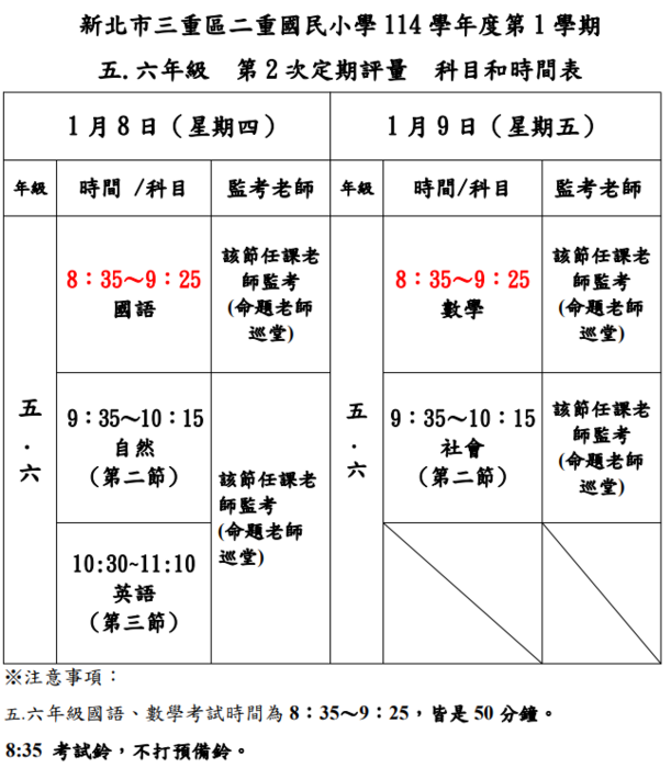 114-1-2 定期評量時間表(五.六年級)圖片
