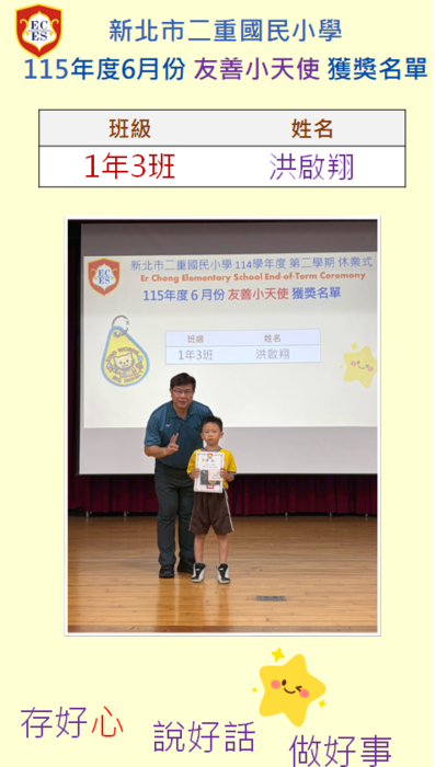 新北市二重國民小學  115年度6月份 友善小天使 獲獎名單