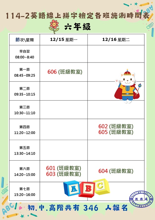 114學年度第2次英語線上拼字檢定各班施測時間表(6年級)圖片