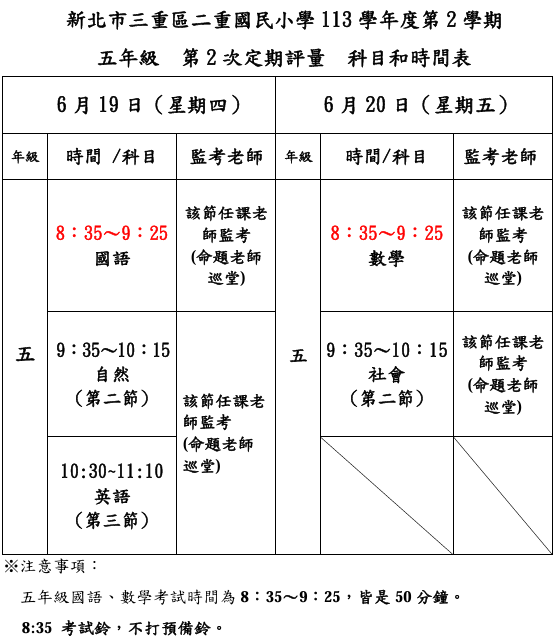 五年級考試科目及時間表圖片
