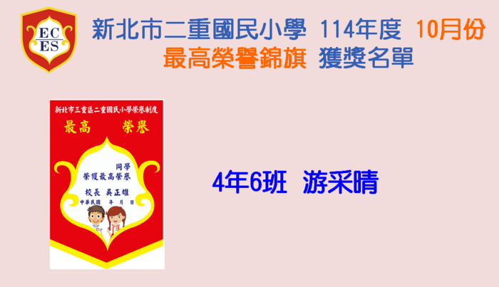 【公告】114學年度10月份【最高榮譽錦旗】獲獎學生名單圖片