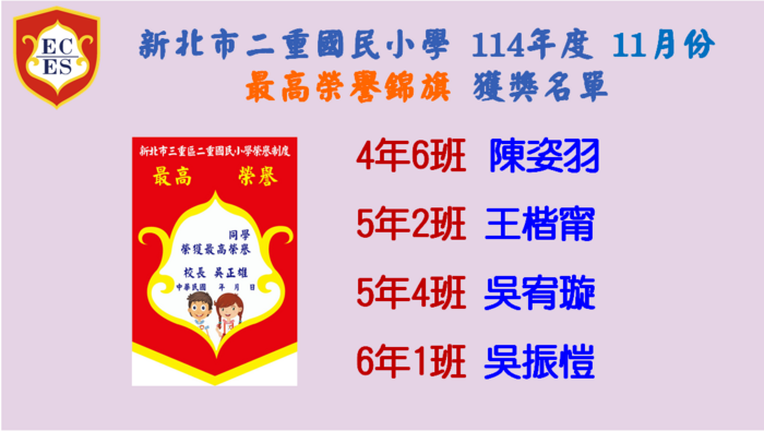 【公告】114學年度11月份【最高榮譽錦旗】獲獎學生名單圖片
