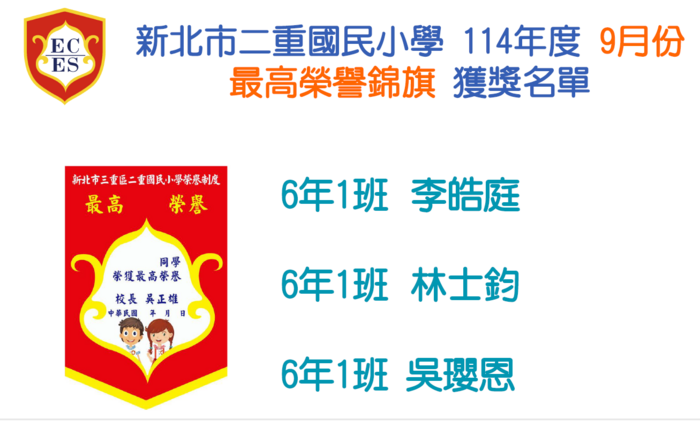【公告】114學年度9月份【最高榮譽錦旗】獲獎學生名單圖片