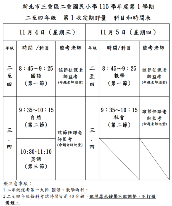 二至四年級期中評量時間表