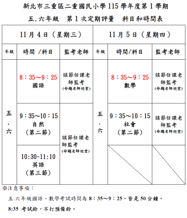 五.六年級期中評量時間表