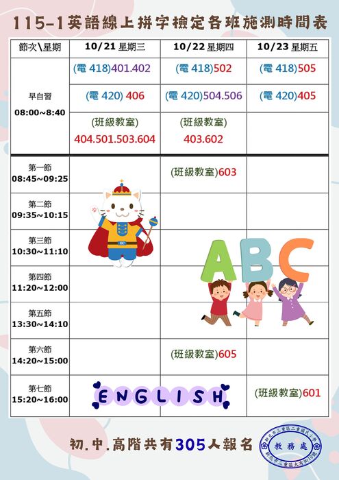 115-1英語線上拼字檢定各班施測時間表