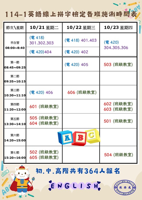 114-1英語線上拼字檢定各班施測時間表