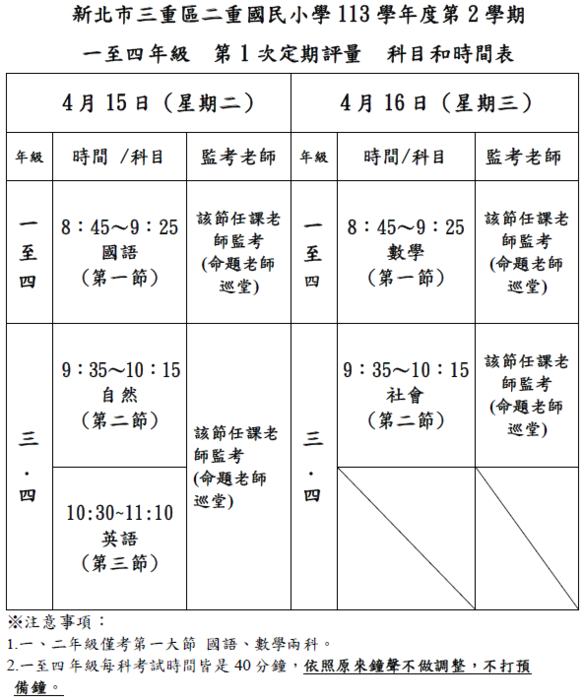 113-2 一至四年級期中評量時間表