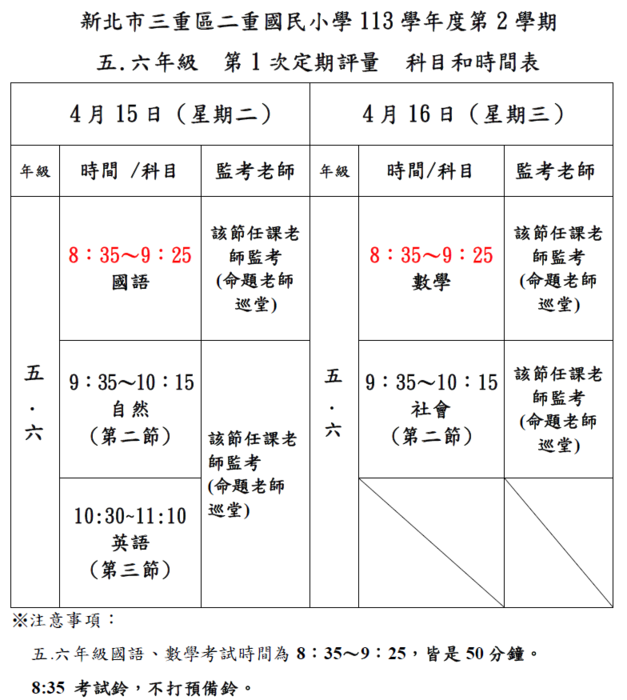 113-2 五.六年級期中評量時間表