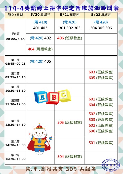 114學年度第4次英語線上拼字檢定各班施測時間表
